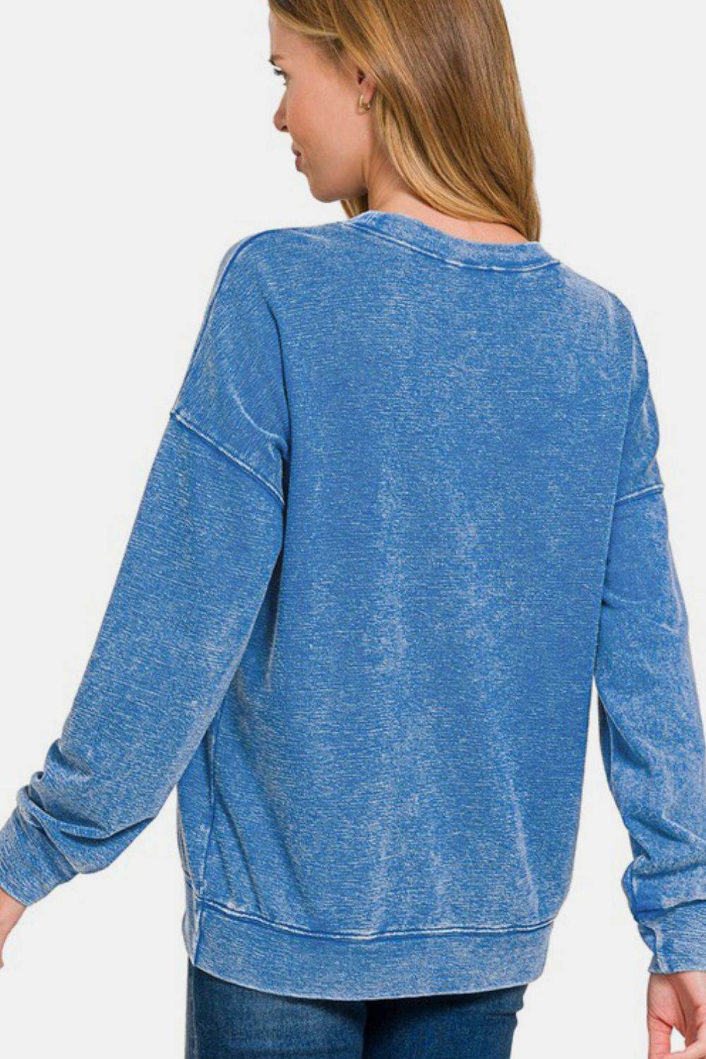 Zenana Washed Round Neck Dropped Shoulder Sweatshirt - Hovatok