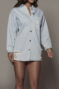 Distressed Long Sleeve Longline Denim Jacket - Hovatok