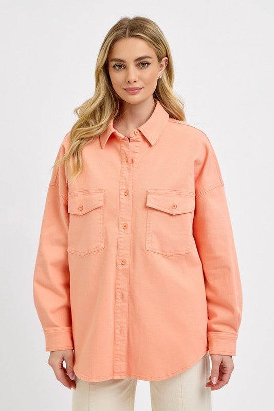 RISEN Full Size Button Down Long Sleeve Denim Shacket with Chest Pockets Plus Size - Hovatok