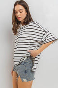 Ces Femme Side Slit Striped Round Neck Half Sleeve T-Shirt - Hovatok