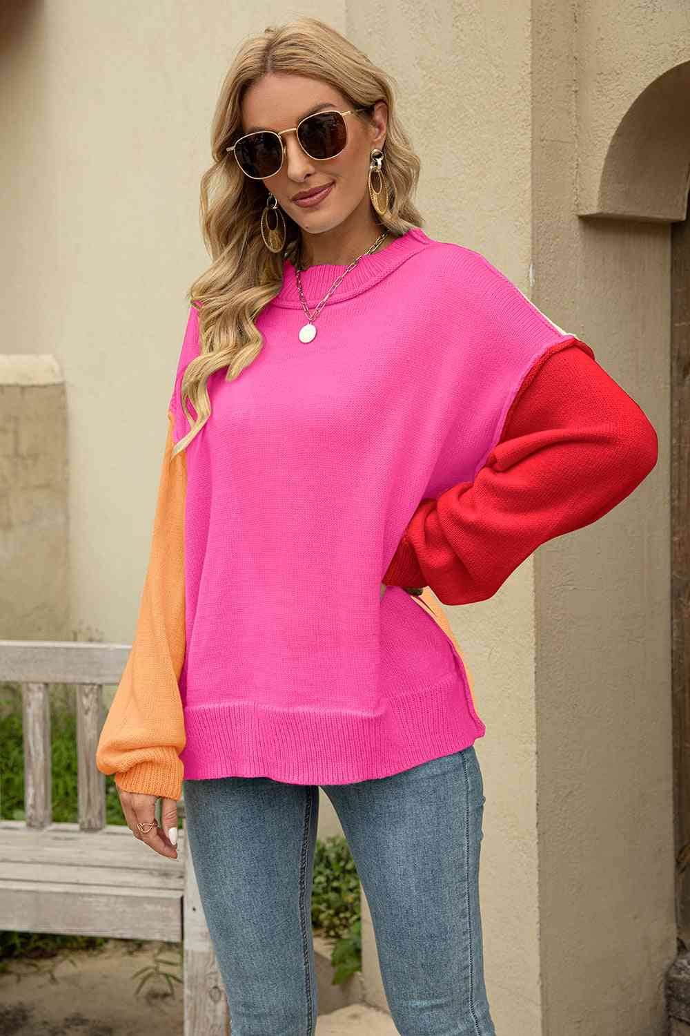 Angel Wings Color Block Round Neck Dropped Shoulder Sweater - Hovatok
