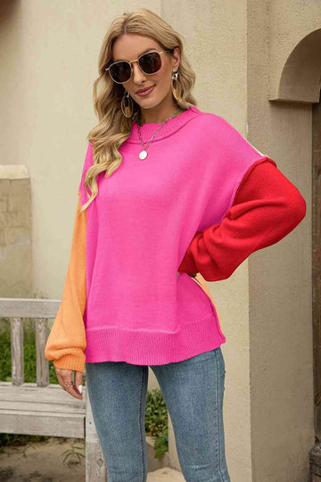 Angel Wings Color Block Round Neck Dropped Shoulder Sweater - Hovatok