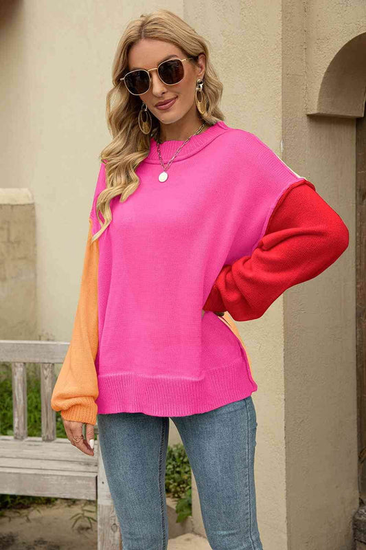 Angel Wings Color Block Round Neck Dropped Shoulder Sweater - Hovatok