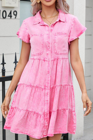 Collared Neck Button Down Mini Denim Dress - Hovatok