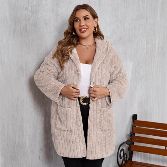 Plus Size Open Front Long Sleeve Hooded Fuzzy Jacket - Hovatok