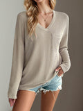 Double Take Pocketed Textured V-Neck Long Sleeve T-Shirt - Hovatok