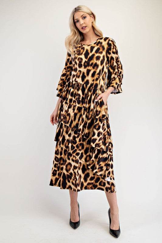 Celeste Full Size Leopard Asymmetrical Ruffle Midi Dress Plus Size - Hovatok