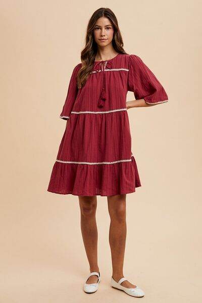 Annie Wear Tassel Contrast Trim Tie Neck Half Sleeve Tiered Dress - Hovatok