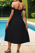 Perfee Pleated Off-Shoulder Midi Dress - Hovatok