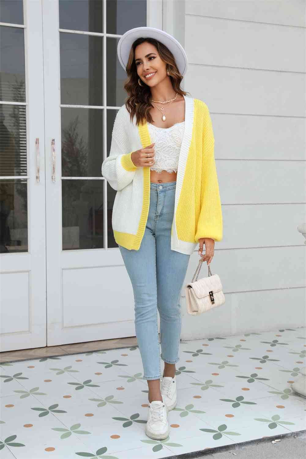 Angel Wings Open Front Contrast Color Balloon Sleeve Cardigan - Hovatok
