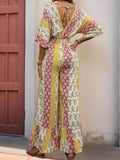Perfee Ruffled Hem Printed V-Neck Jumpsuit - Hovatok
