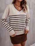 Angel Wings Striped V-Neck Drop Shoulder Sweater - Hovatok