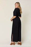 Double Take Full Size V-Neck Tied Side Slit Jumpsuit - Hovatok