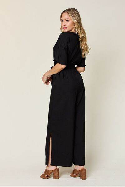 Double Take Full Size V-Neck Tied Side Slit Jumpsuit - Hovatok