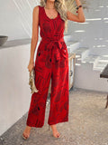 Devine Printed Round Neck Sleeveless Tie Waist Jumpsuit - Hovatok