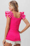 BiBi Ruffled Shoulder Strap Rib Texture Top - Hovatok