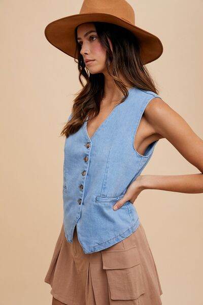 Annie Wear Button Down V-Neck Denim Vest - Hovatok