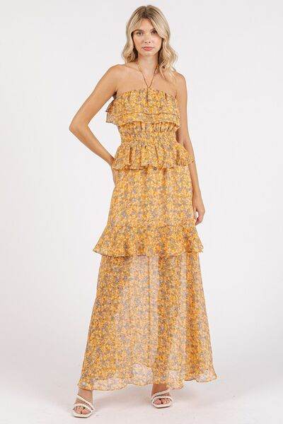 Mittoshop Ruffled Smocked Floral Halter Neck Maxi Dress - Hovatok