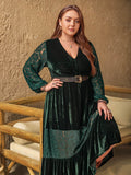 Plus Size Lace Patchwork V-Neck Balloon Sleeve Midi Dress - Hovatok