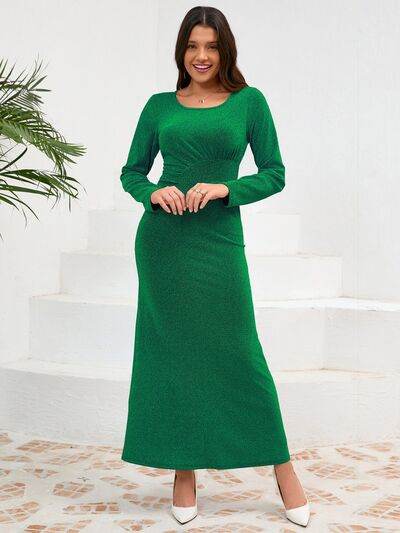 Ruched Round Neck Long Sleeve Dress - Hovatok
