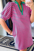 Oh Striped Johnny Collar Puff Sleeve Mini Tee Dress - Hovatok