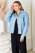 Double Take Dropped Shoulder Raw Hem Denim Jacket - Hovatok