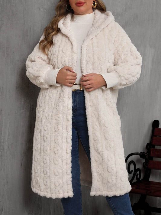 Plus Size Open Front Hooded Plush Coat - Hovatok
