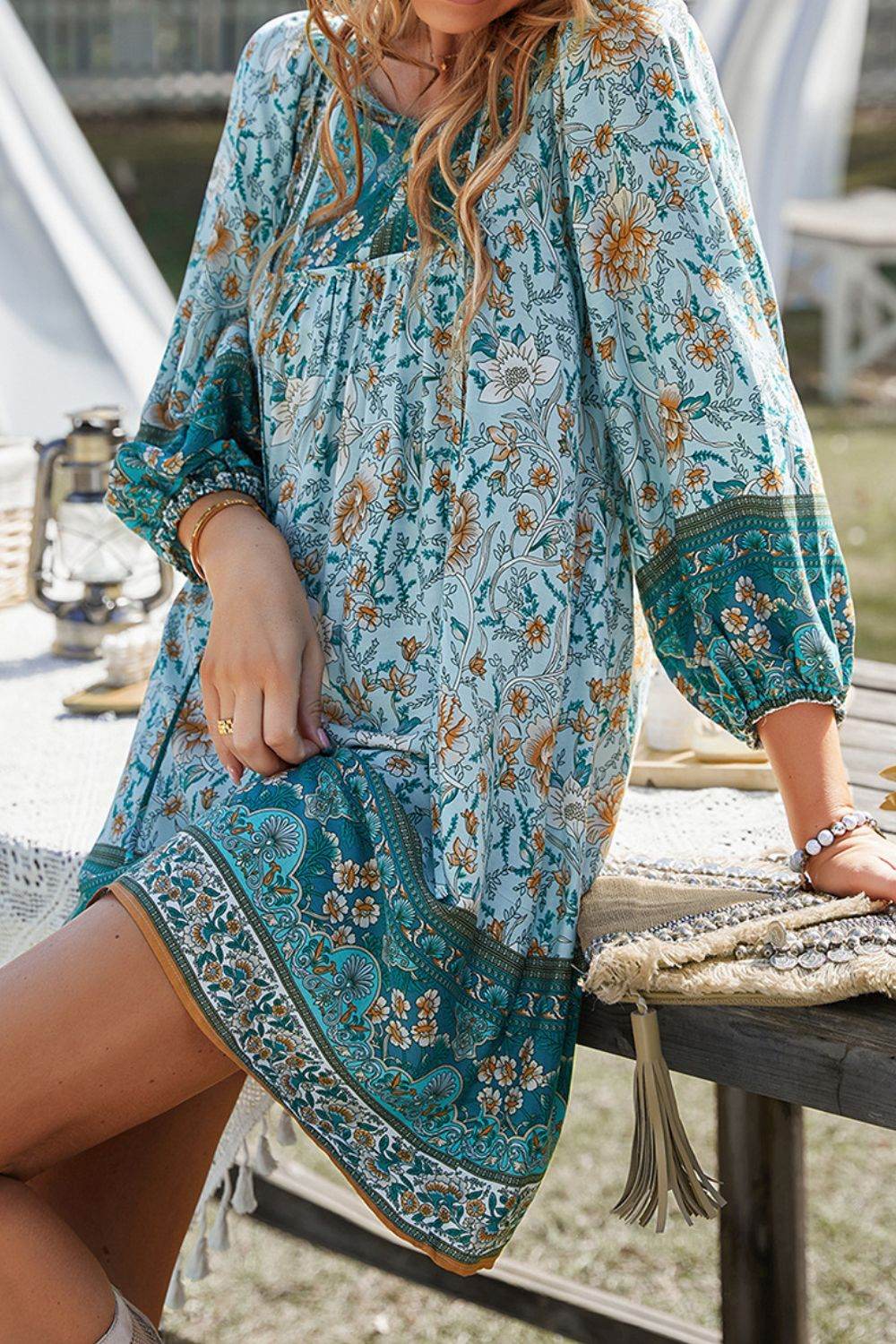 Devine Printed Tie Neck Mini Dress - Hovatok