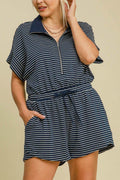Umgee Full Size Half Zip Striped Romper Plus Size - Hovatok