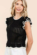 Mittoshop Openwork Contrast Trim Ruffled Cap Sleeve Knit Top - Hovatok