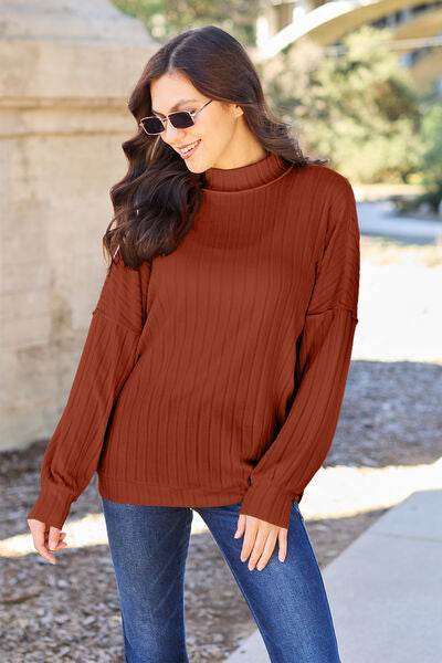 Basic Bae Full Size Ribbed Exposed Seam Mock Neck Knit Top - Hovatok