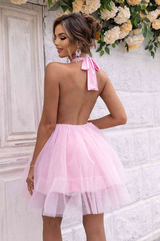 Halter Neck Backless Mesh Dress - Hovatok