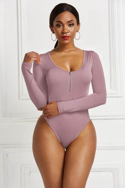 Half Zip Scoop Neck Long Sleeve Bodysuit - Hovatok