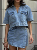 Johnny Collar Short Sleeve Top and Skort Denim Set - Hovatok
