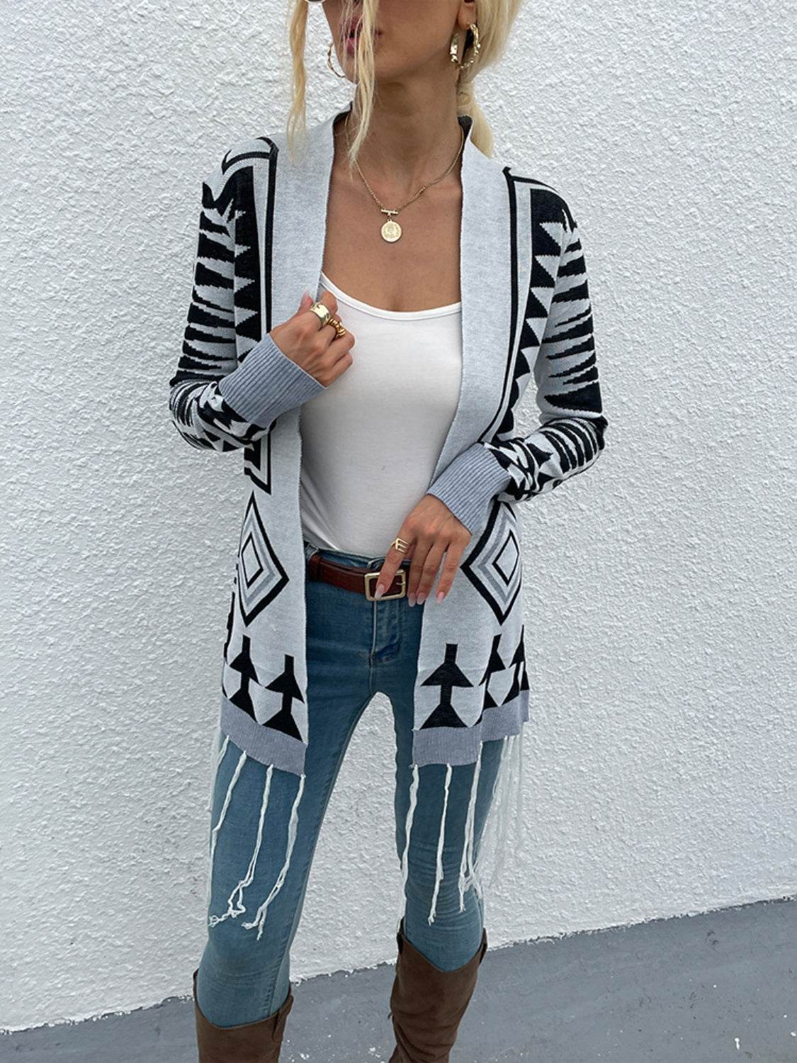 Shiny Geometric Fringe Hem Open Front Cardigan - Hovatok
