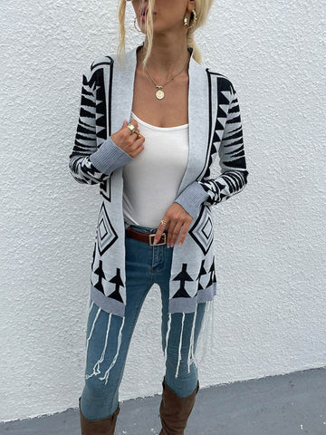 Shiny Geometric Fringe Hem Open Front Cardigan - Hovatok