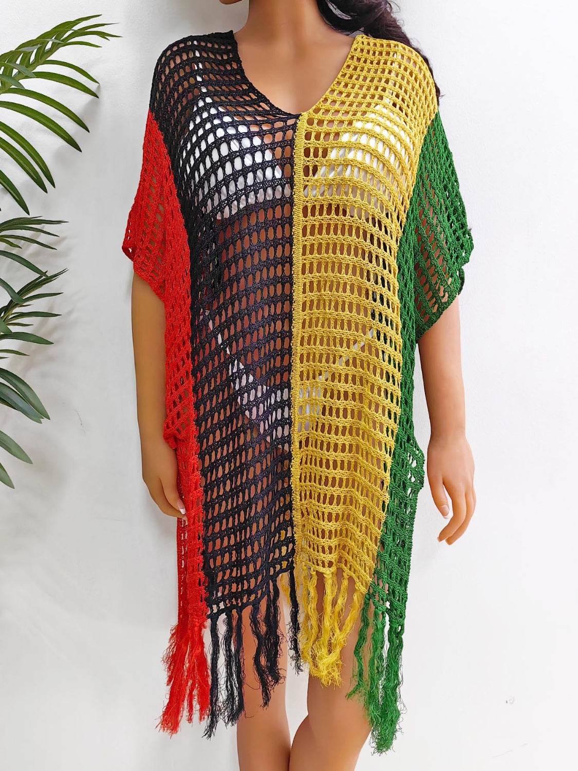 Fringe Color Block Scoop Neck Cover Up - Hovatok