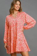 Umgee Full Size Two Tone Print Balloon Sleeve Tiered Dress Plus Size - Hovatok