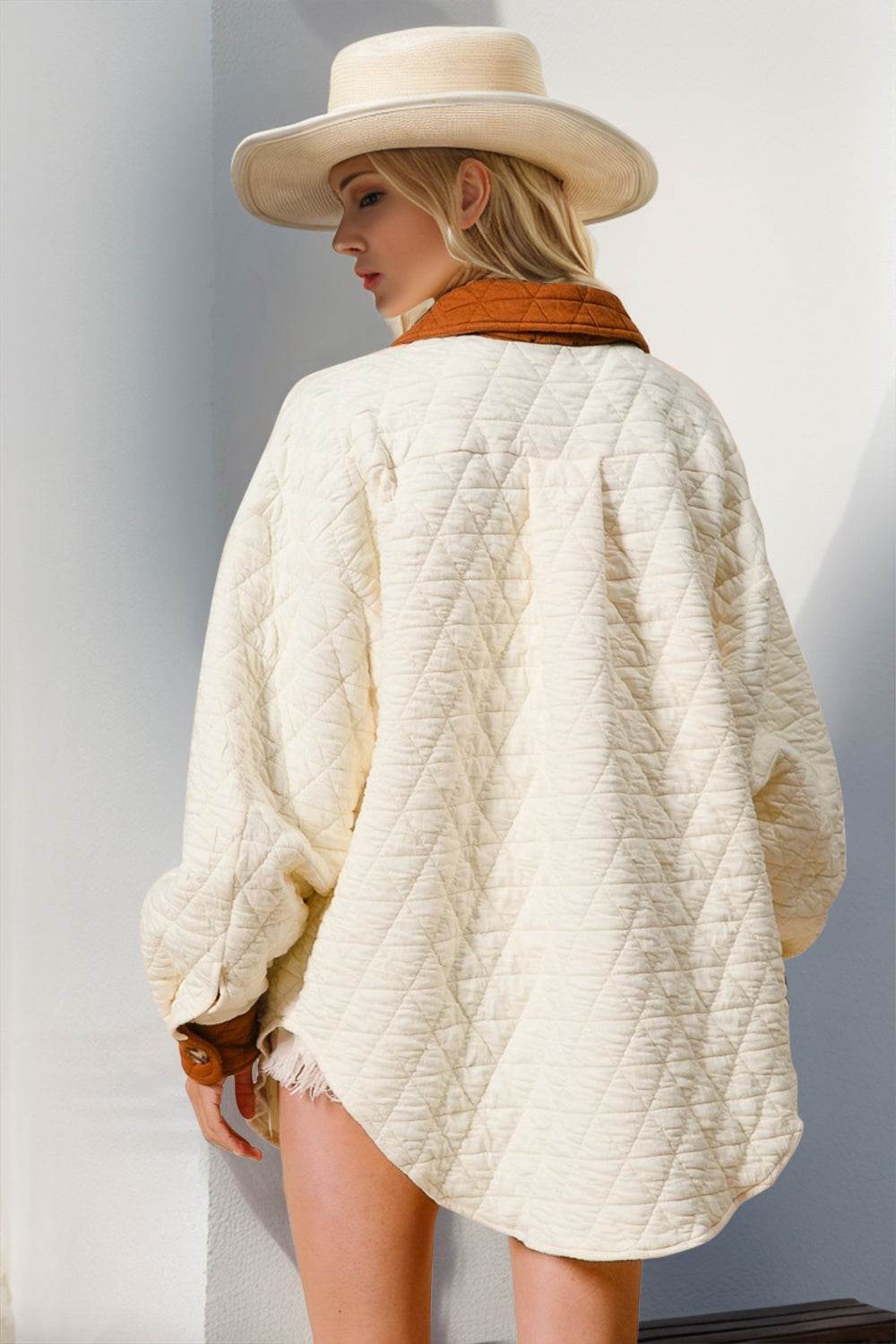 Double Take Full Size Contrast Button Up Quilted Shacket - Hovatok
