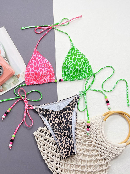 Leopard Tied Halter Neck Bikini Set - Hovatok