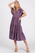 Mittoshop Ruffle Sleeve Collared V Neck Tiered Midi Dress - Hovatok