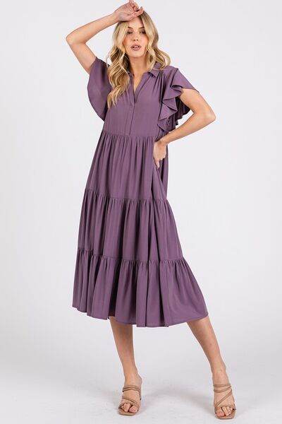Mittoshop Ruffle Sleeve Collared V Neck Tiered Midi Dress - Hovatok