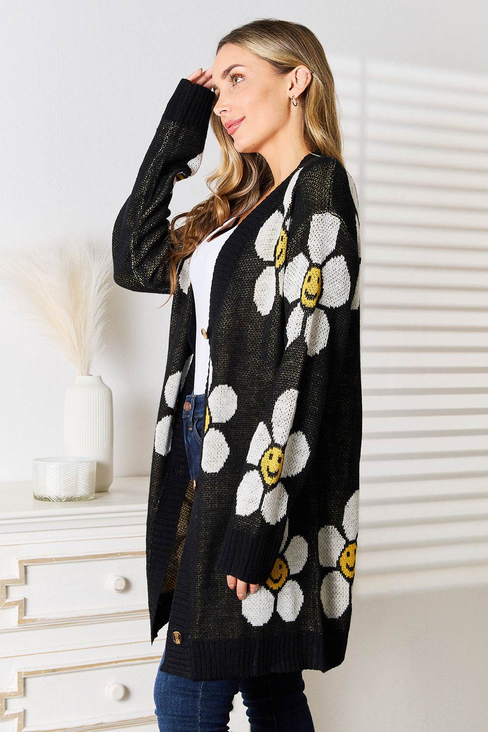 Perfee Floral Button Down Longline Cardigan - Hovatok
