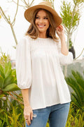 Celeste Full Size Puff Sleeve and Bow Detail Top Plus Size - Hovatok