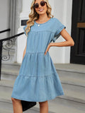 Tiered Round Neck Short Sleeve Denim Dress - Hovatok