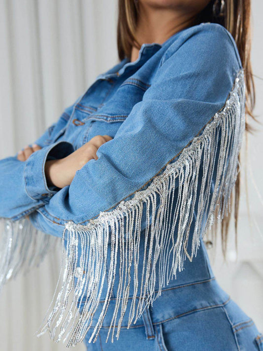 Fringe Half Button Long Sleeve Denim Jumpsuit - Hovatok
