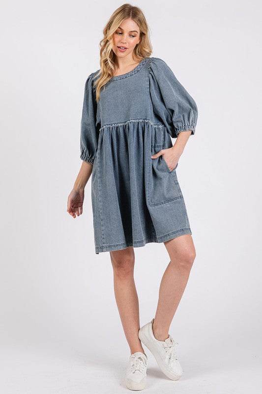Mittoshop Washed Round Neck Puff Sleeve Denim Dress - Hovatok