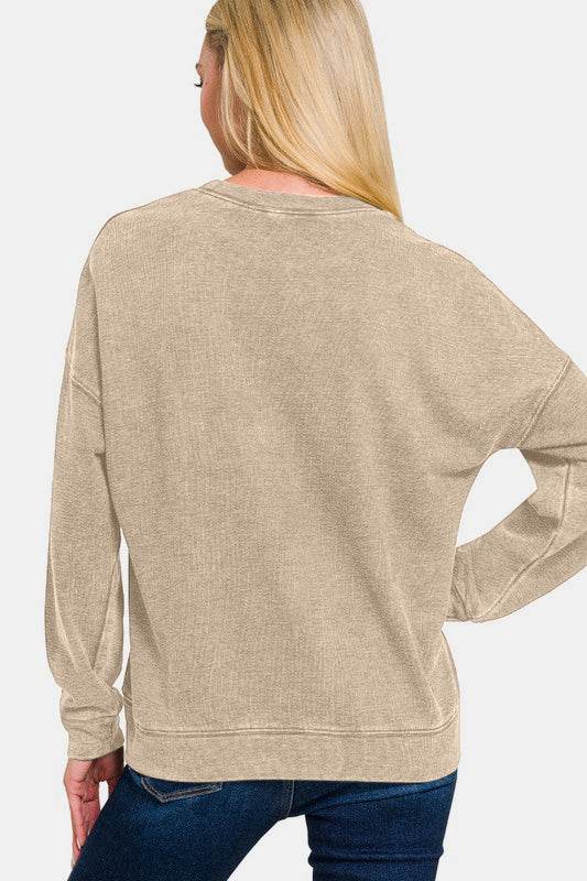 Zenana Washed Round Neck Dropped Shoulder Sweatshirt - Hovatok