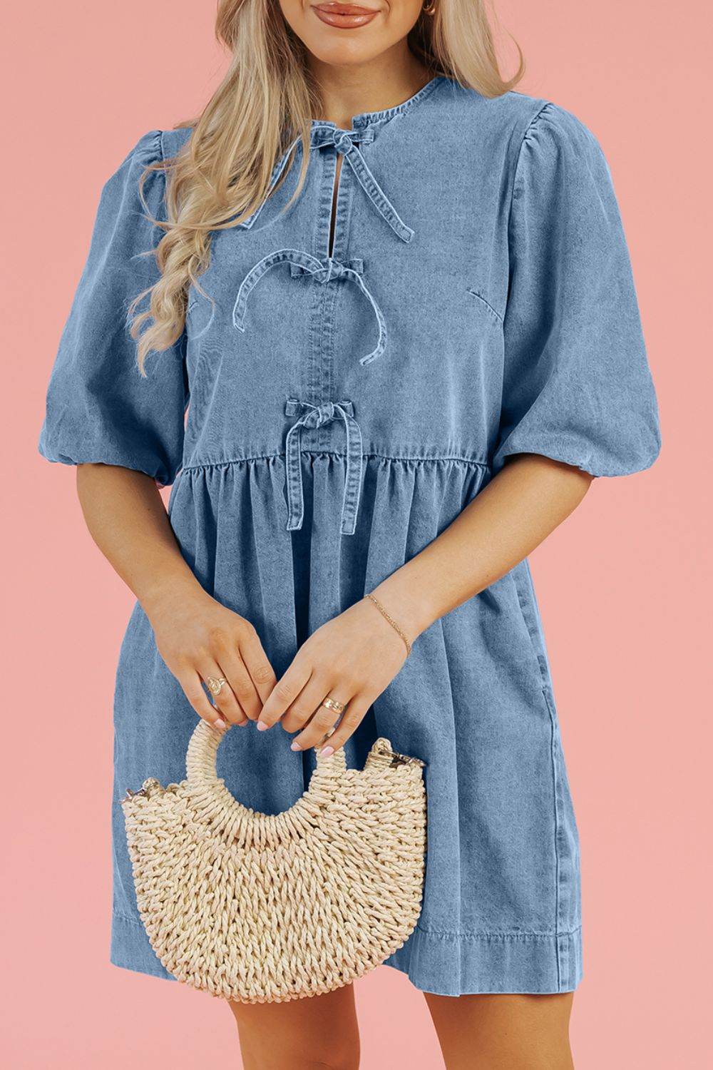 Bowknot Round Neck Half Sleeve Denim Dress - Hovatok