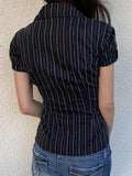Devine Button Down Striped Collared Neck Short Sleeve Shirt - Hovatok